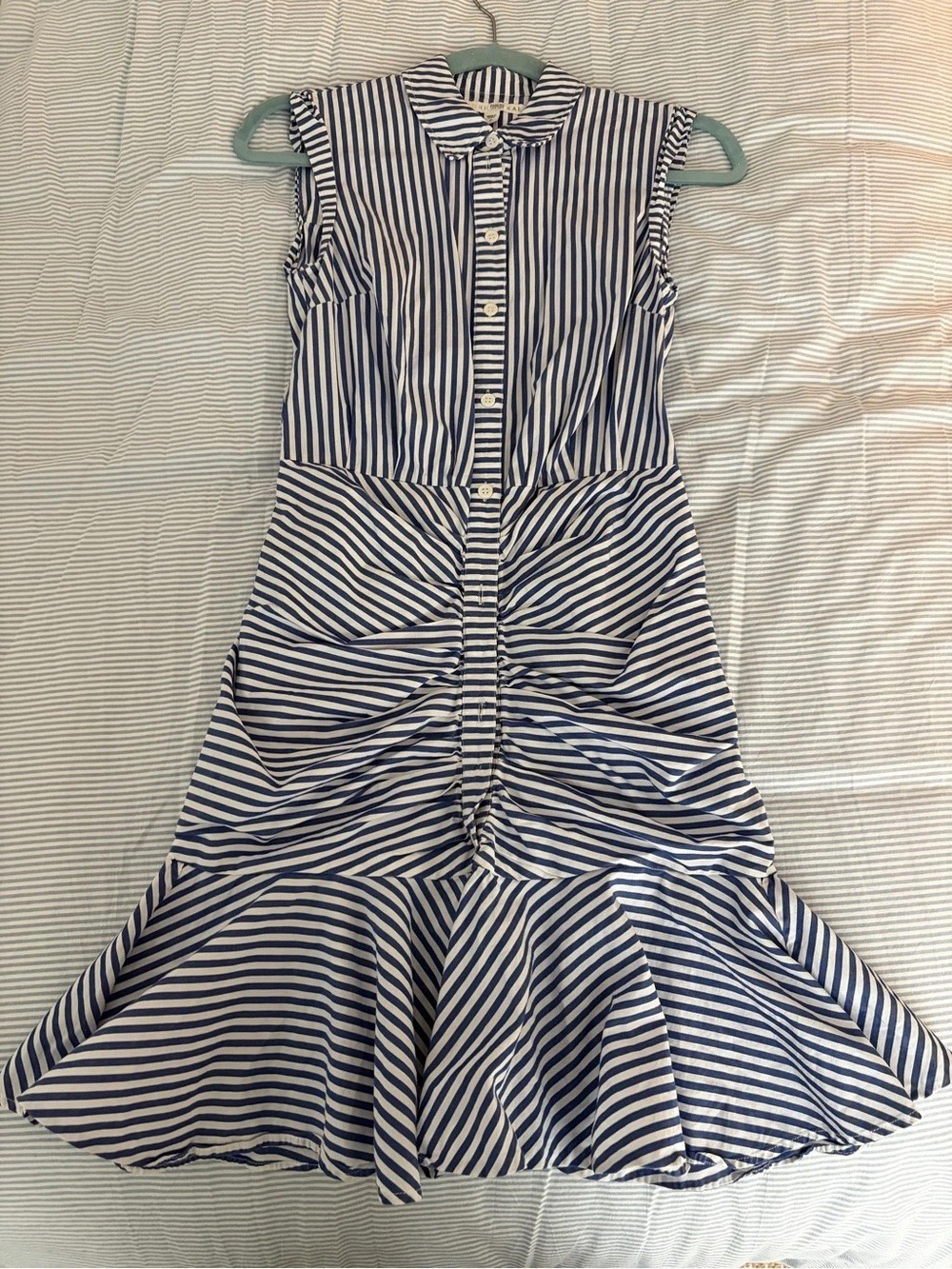 Veronica Beard Ruched Shirt Dress Striped Mini Blue & White Size 0